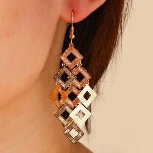 NEW Gold Dangle Earrings – Boho Chic Square Tassel with Hollow Out Design